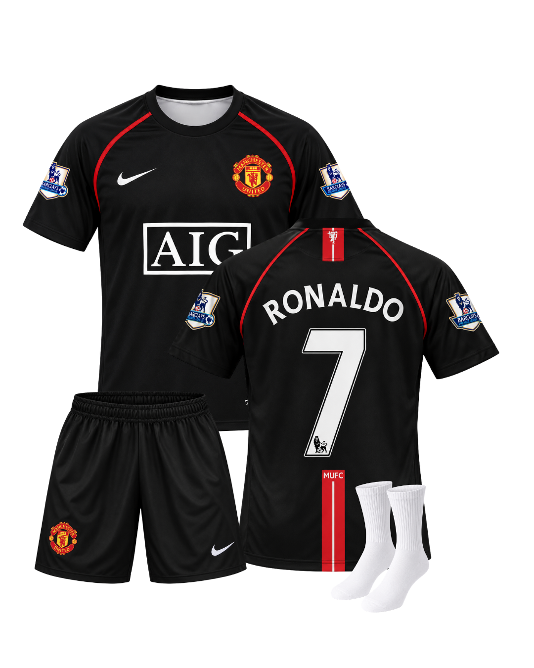Ronaldo Manchester United 2008 Sezonu Siyah Retro 3'lü Çocuk Futbol Forma Seti (Forma,şort ve çorap)