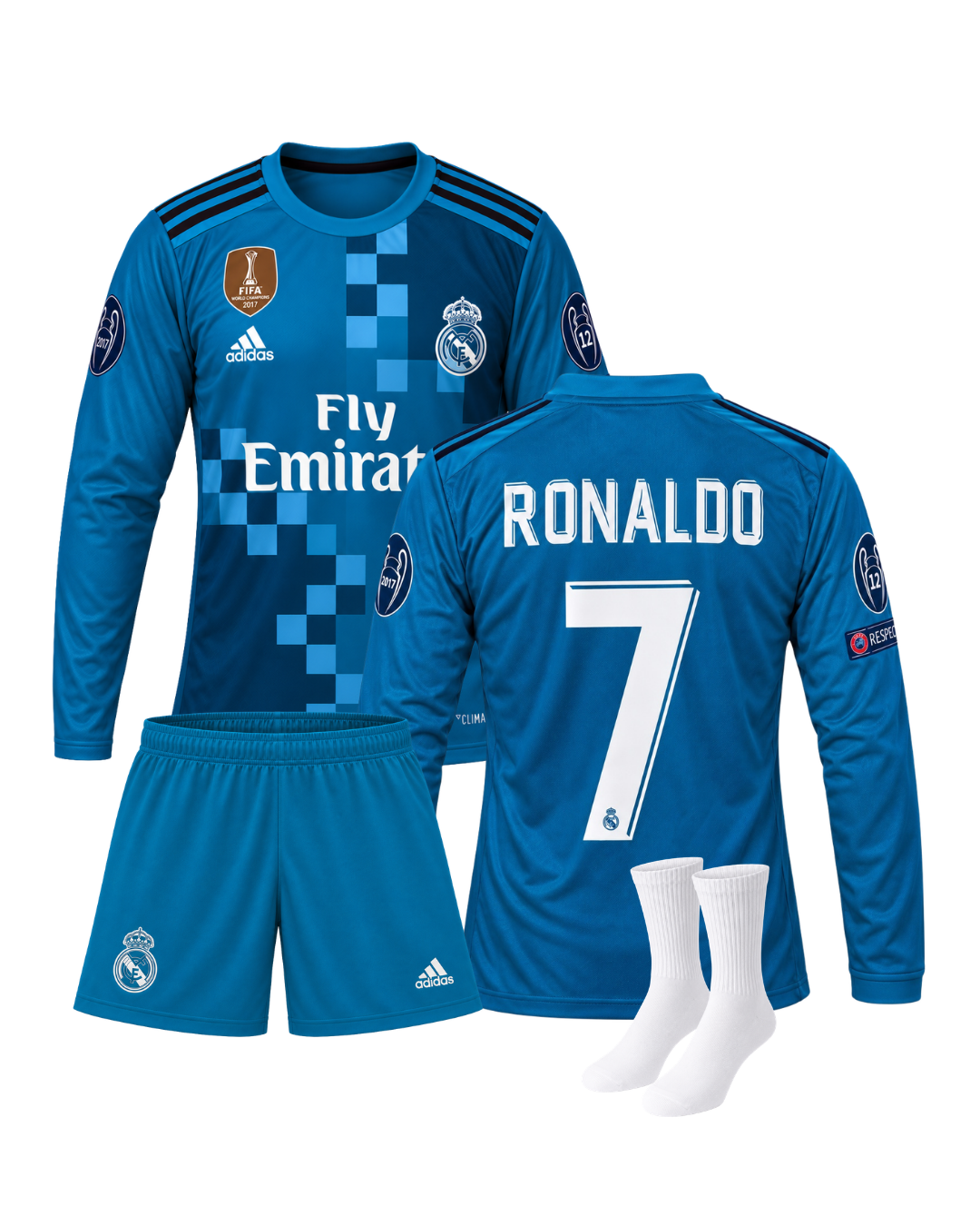 Ronaldo Real Madrid Uzun Kollu Turkuaz 2018 Sezonu Deplasman 3'lü Çocuk Futbol Forma Seti (Forma,şort ve çorap)