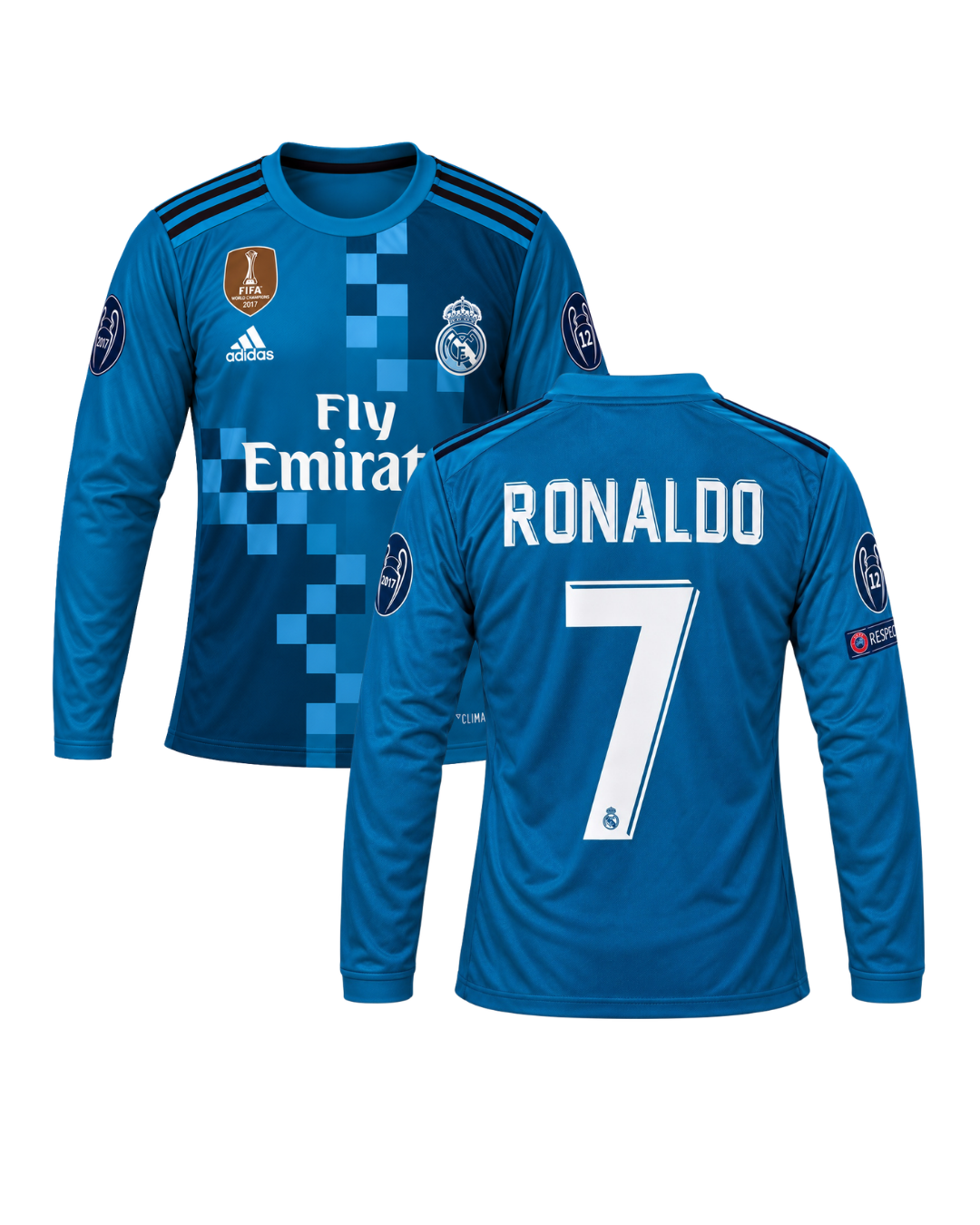 Ronaldo Real Madrid Uzun Kollu Turkuaz 2018 Sezonu Deplasman 3'lü Çocuk Futbol Forma Seti (Forma,şort ve çorap)