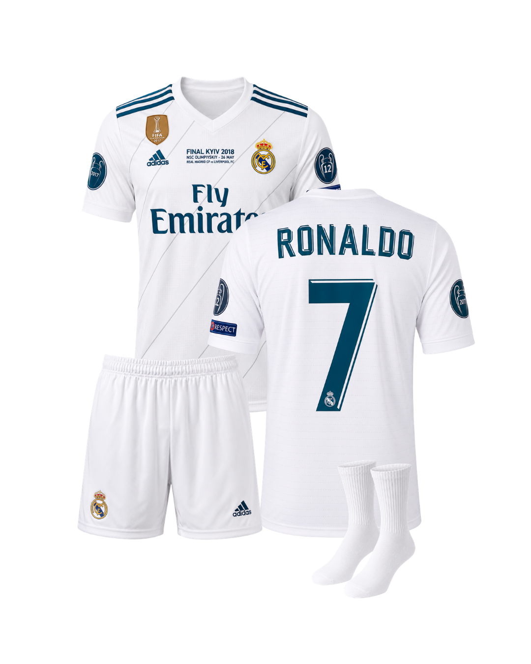 Ronaldo Real Madrid 2018 Şampiyonlar Ligi Finali 3'lü Çocuk Futbol Forma Seti ( Forma,şort ve çorap )