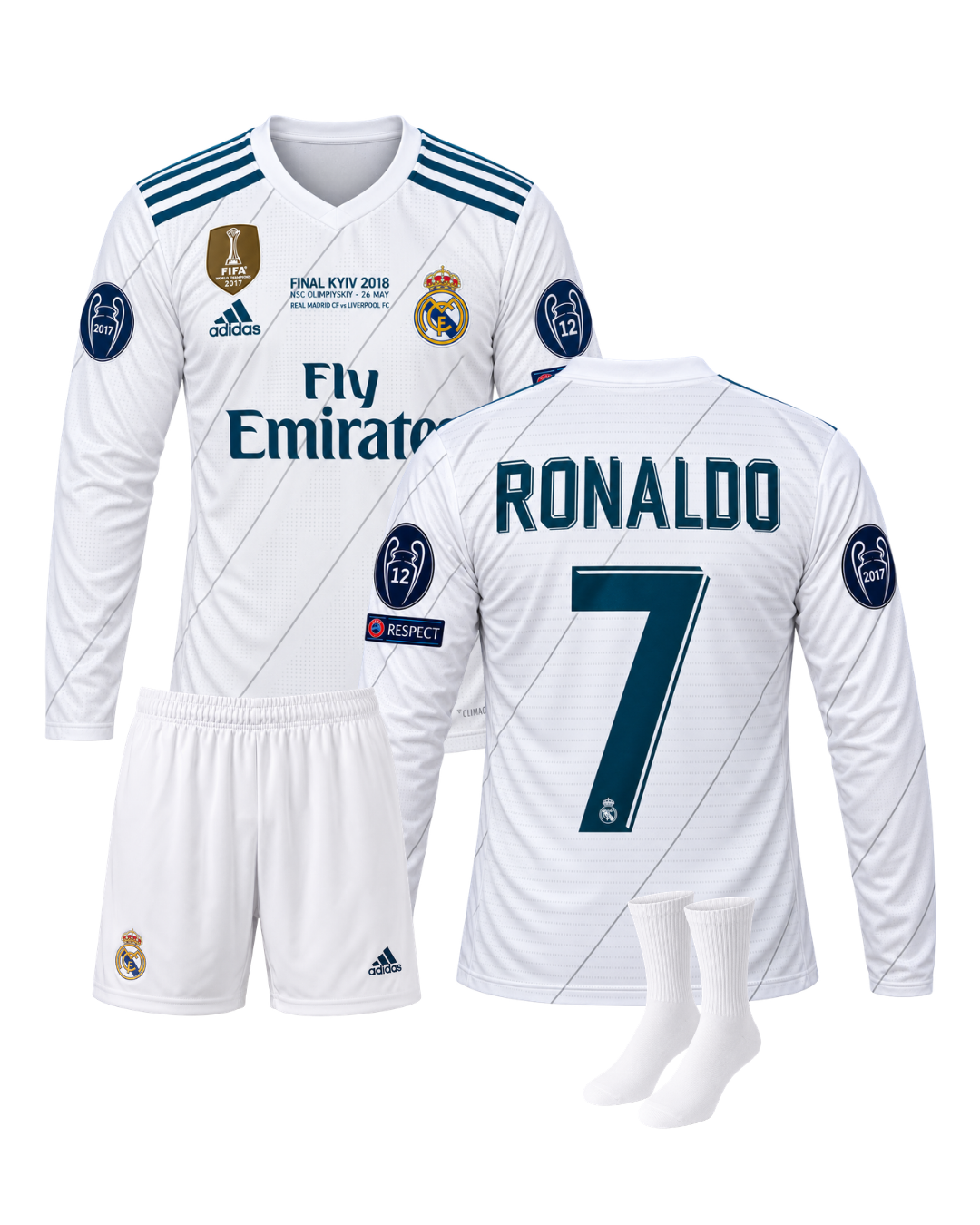 Ronaldo Real Madrid 2018 Şampiyonlar Ligi Finali Uzun Kollu 3'lü Çocuk Futbol Forma Seti ( Forma,şort ve çorap )
