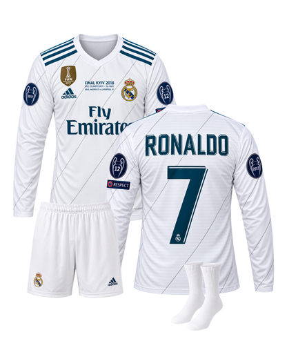 Ronaldo Real Madrid 2018 Şampiyonlar Ligi Finali Uzun Kollu 3'lü Çocuk Futbol Forma Seti ( Forma,şort ve çorap )