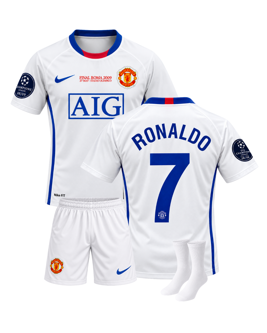 Ronaldo Manchester United 2009 Şampiyonlar Ligi Roma Finali 3'lü Çocuk Futbol Forma Seti ( Forma,şort ve çorap )