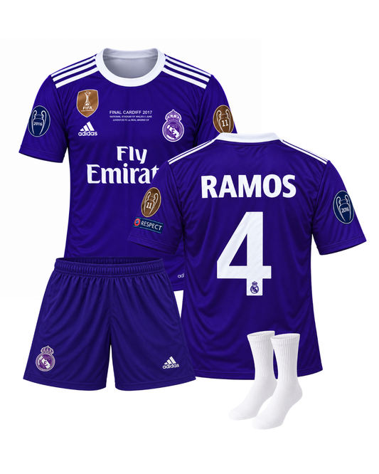 Ramos Real Madrid 2017 Sezonu Mor Retro 3'lü Çocuk Futbol Forma Seti (Forma,şort ve çorap)