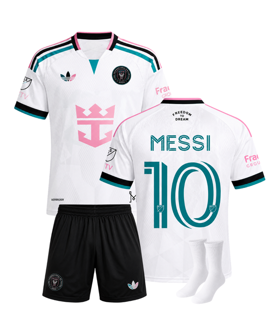 Messi Inter Miami 26/27 Beyaz Alternatif 3'lü Çocuk Futbol Forma Seti ( Forma,şort ve çorap )