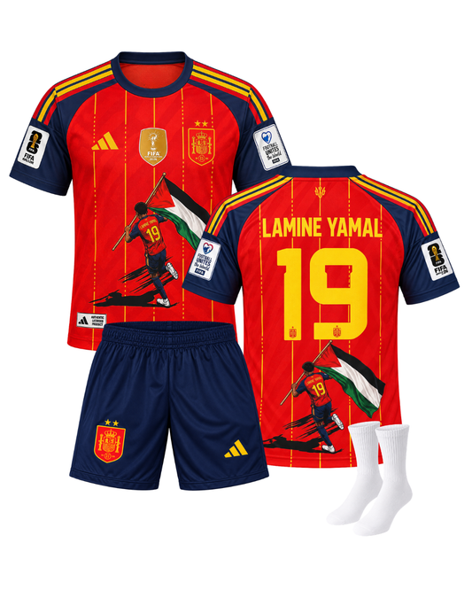 Lamine Yamal İspanya Filistin Bayraklı 2026 Dünya Kupası İç Saha 3'lü Çocuk Futbol Forma Seti ( Forma,şort ve çorap )